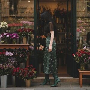 Vintage Silk Maxi Skirt Floral Design in Green